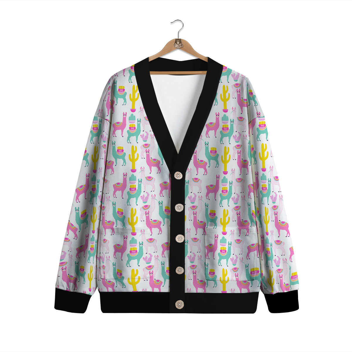 Llama And Cartoon Cactus Print Pattern Cardigan-grizzshop