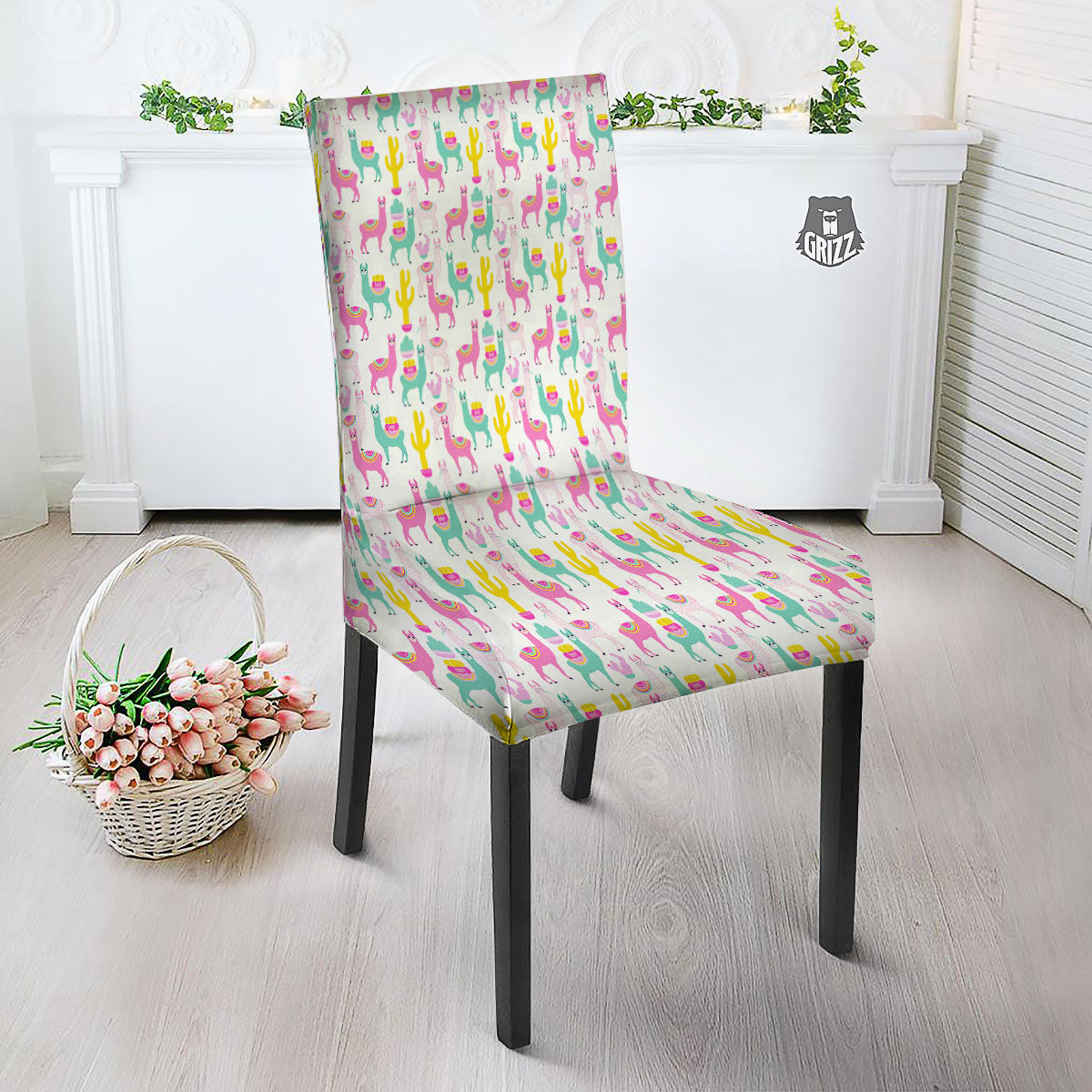 Llama And Cartoon Cactus Print Pattern Dining Chair Slipcover-grizzshop