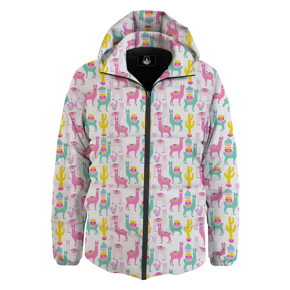 Llama And Cartoon Cactus Print Pattern Down Jacket-grizzshop