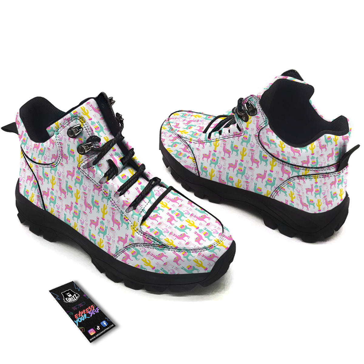 Llama And Cartoon Cactus Print Pattern Hiking Shoes-grizzshop
