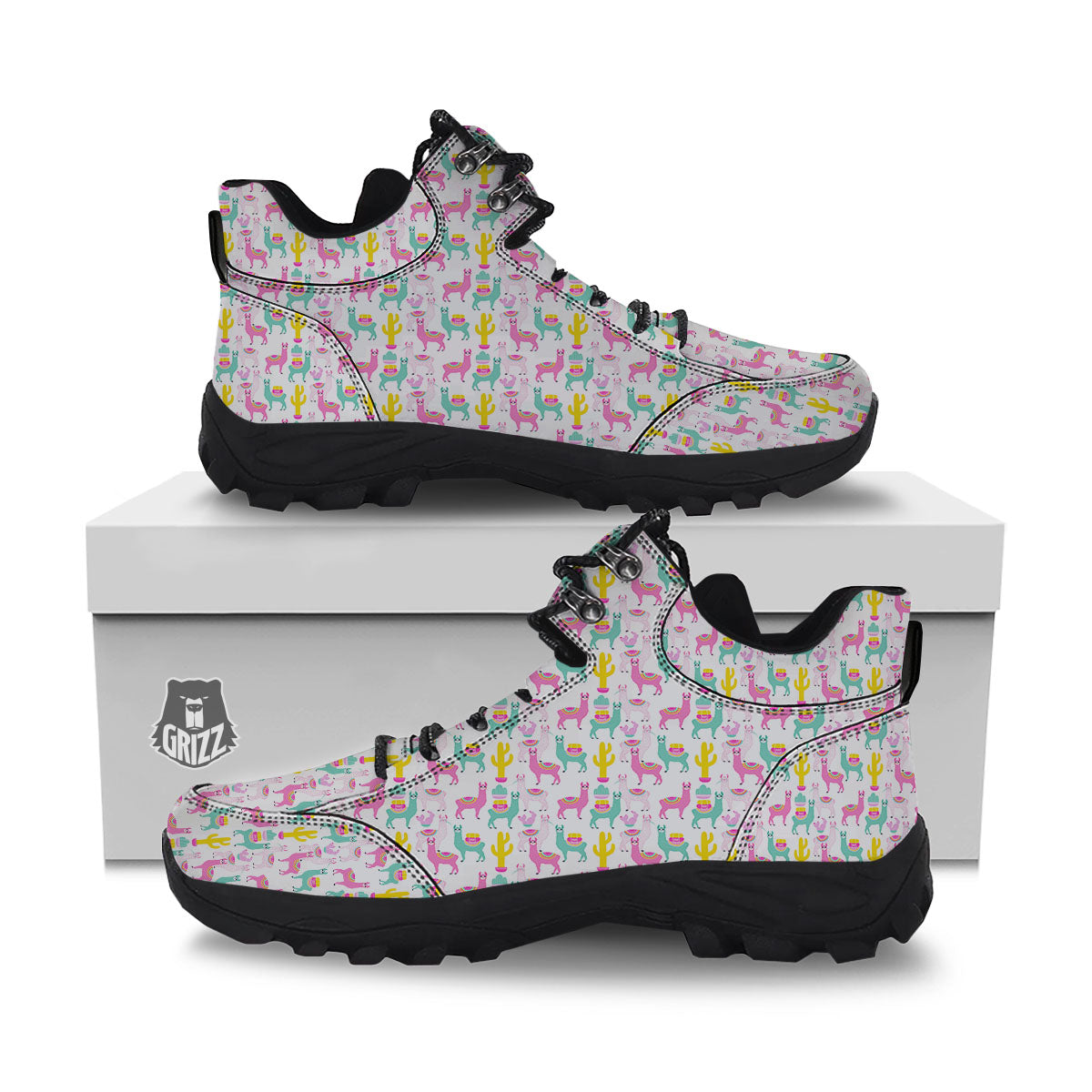 Llama And Cartoon Cactus Print Pattern Hiking Shoes-grizzshop