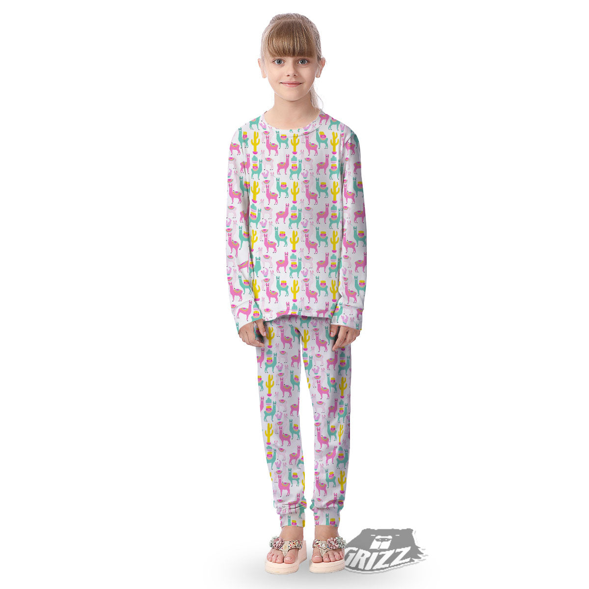 Llama And Cartoon Cactus Print Pattern Kid's Pajamas-grizzshop