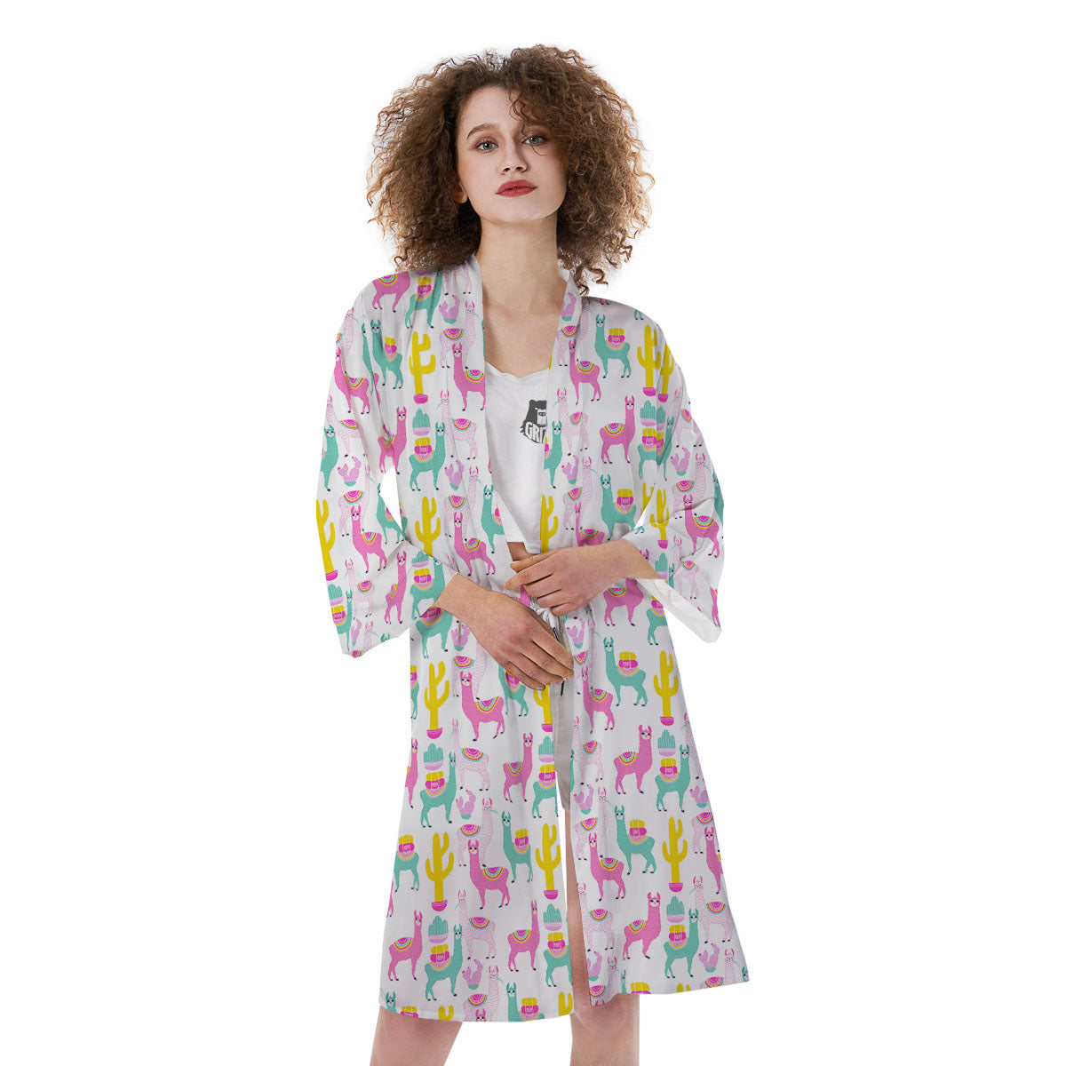 Llama And Cartoon Cactus Print Pattern Kimono-grizzshop