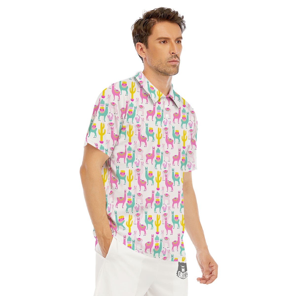 Llama And Cartoon Cactus Print Pattern Men's Golf Shirts-grizzshop
