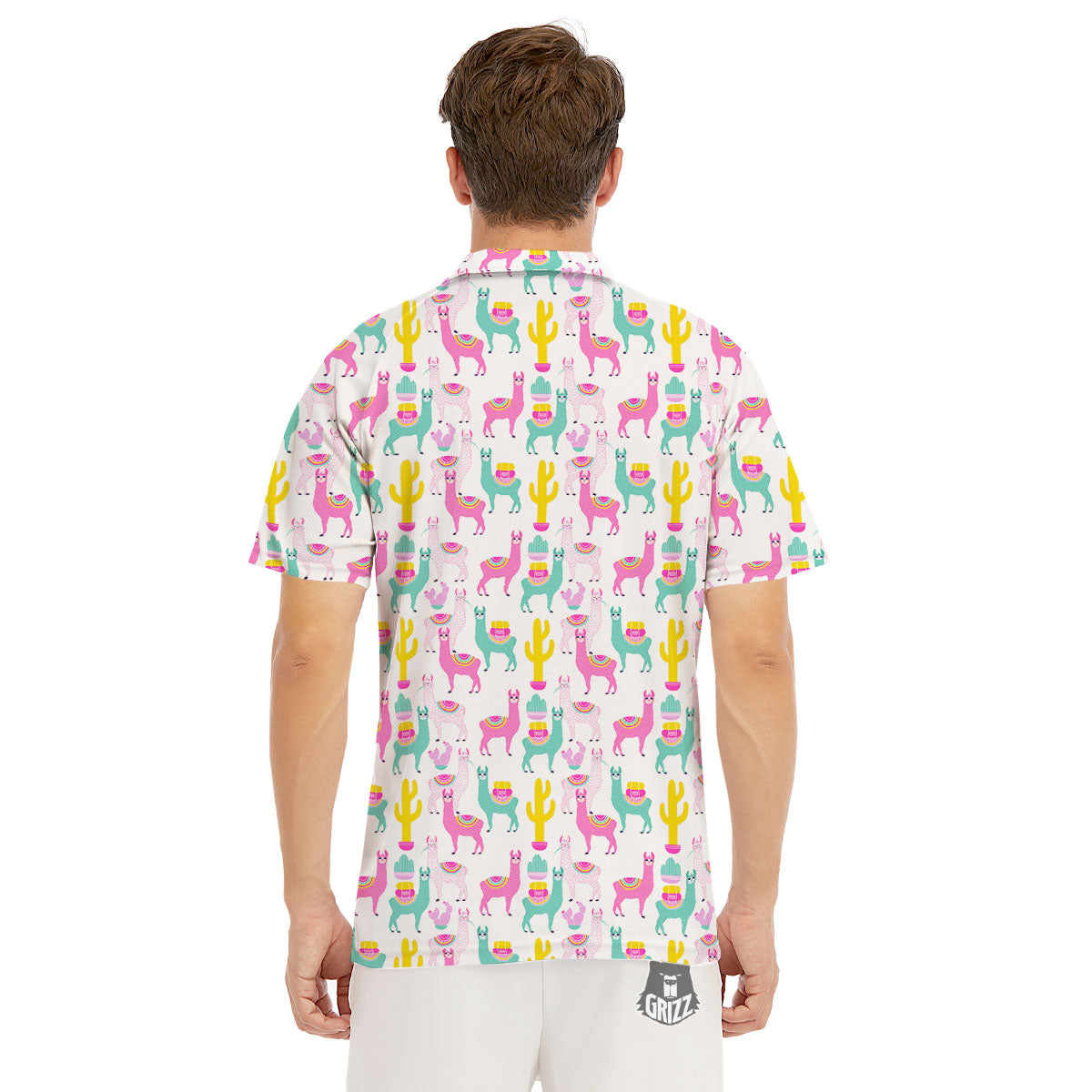 Llama And Cartoon Cactus Print Pattern Men's Golf Shirts-grizzshop