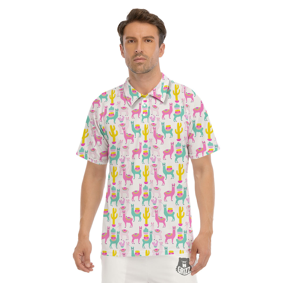 Llama And Cartoon Cactus Print Pattern Men's Golf Shirts-grizzshop