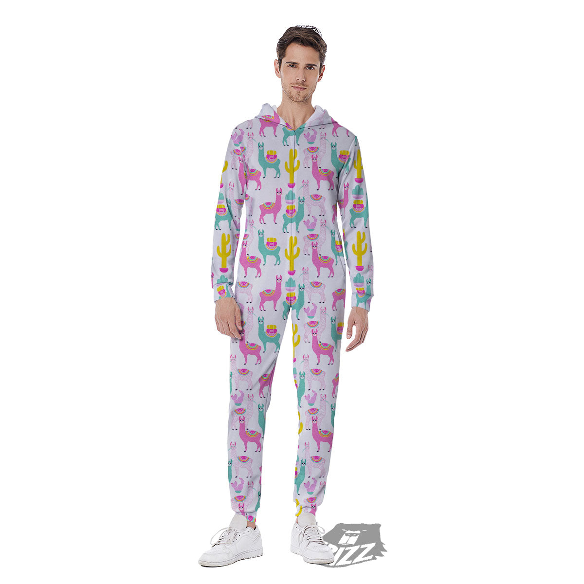 Llama And Cartoon Cactus Print Pattern Men's Jumpsuit-grizzshop