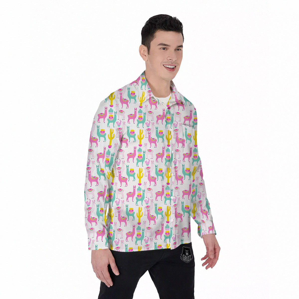 Llama And Cartoon Cactus Print Pattern Men's Long Sleeve Shirts-grizzshop