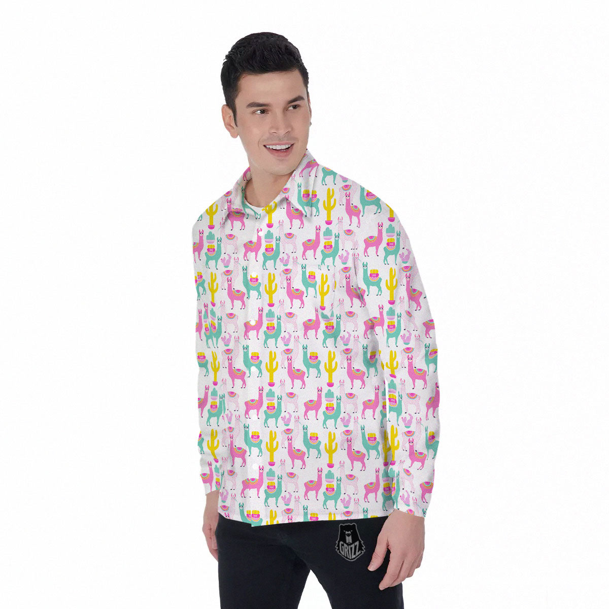 Llama And Cartoon Cactus Print Pattern Men's Long Sleeve Shirts-grizzshop