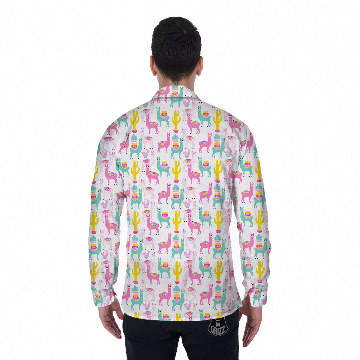 Llama And Cartoon Cactus Print Pattern Men's Long Sleeve Shirts-grizzshop