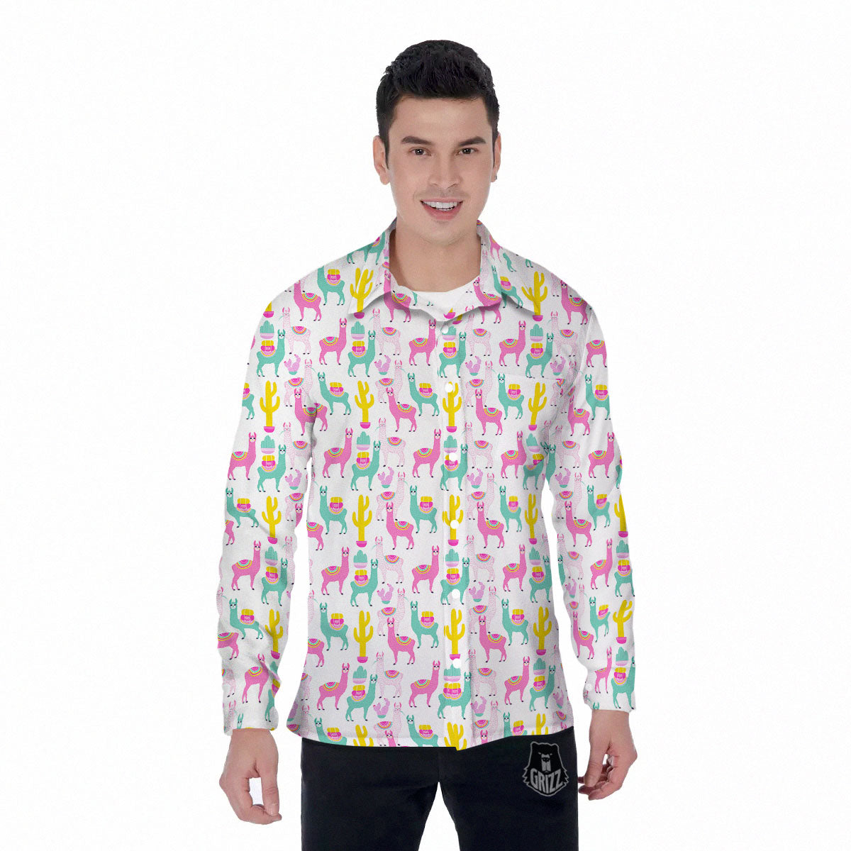 Llama And Cartoon Cactus Print Pattern Men's Long Sleeve Shirts-grizzshop