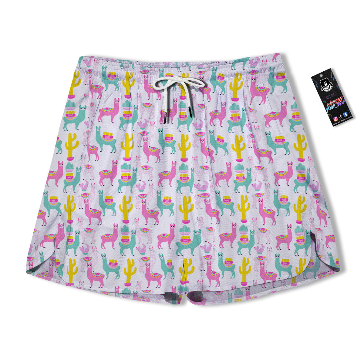 Llama And Cartoon Cactus Print Pattern Men's Running Shorts-grizzshop