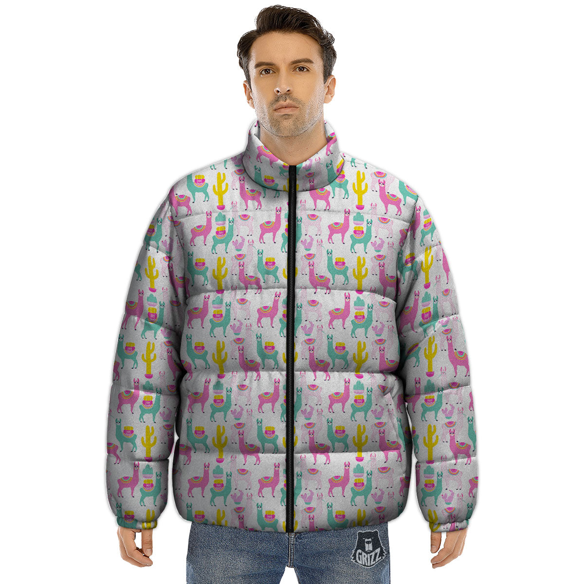 Llama And Cartoon Cactus Print Pattern Puffer Jacket-grizzshop
