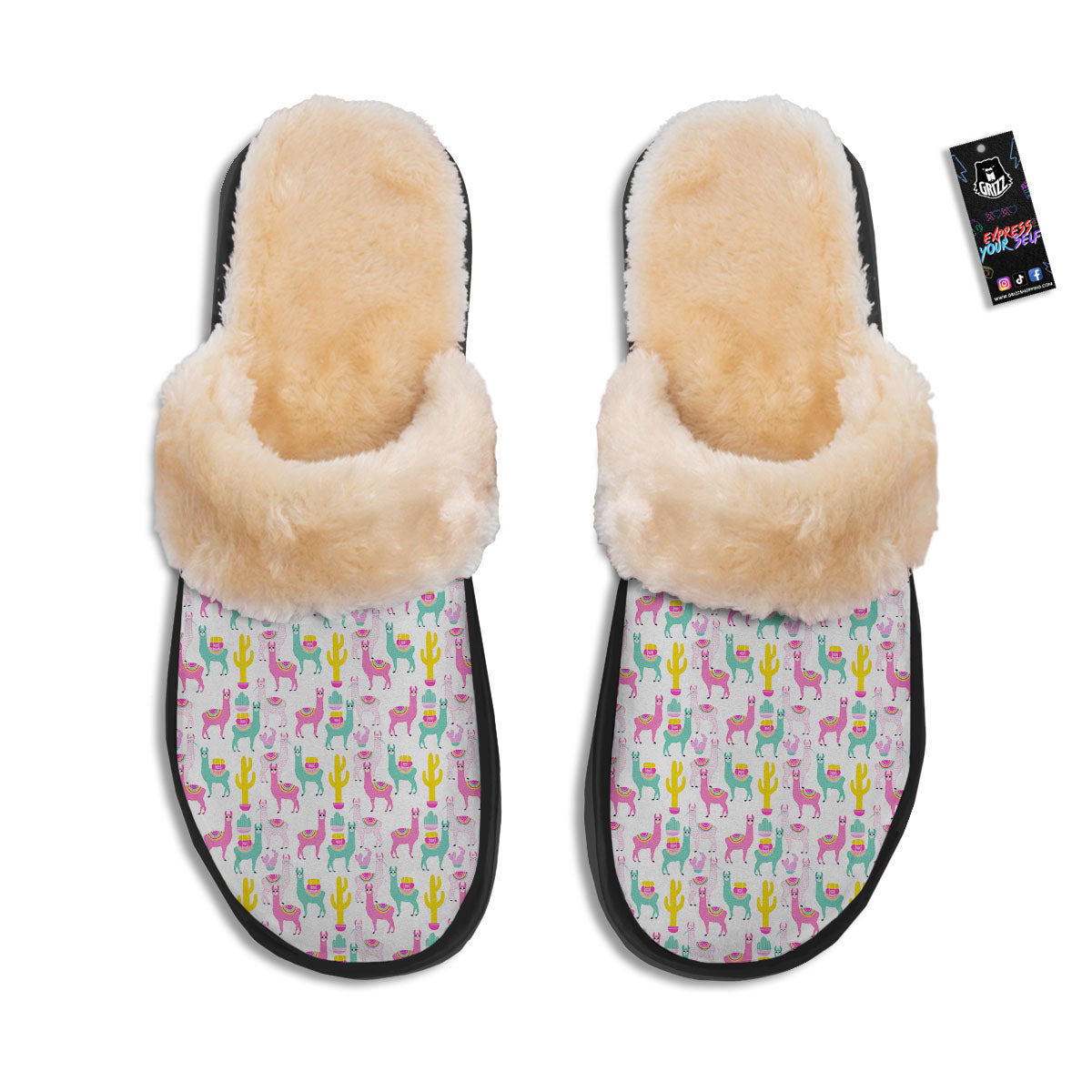 Llama And Cartoon Cactus Print Pattern Slippers-grizzshop
