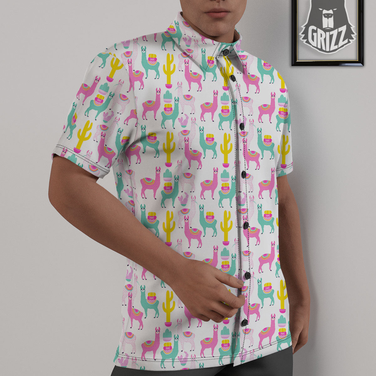 Llama And Cartoon Cactus Print Pattern Untucked Shirts-grizzshop