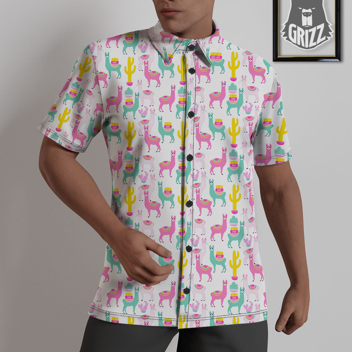 Llama And Cartoon Cactus Print Pattern Untucked Shirts-grizzshop