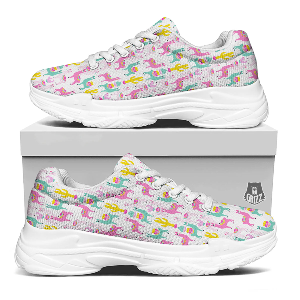Llama And Cartoon Cactus Print Pattern White Chunky Shoes-grizzshop