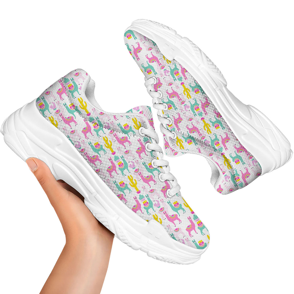 Llama And Cartoon Cactus Print Pattern White Chunky Shoes-grizzshop