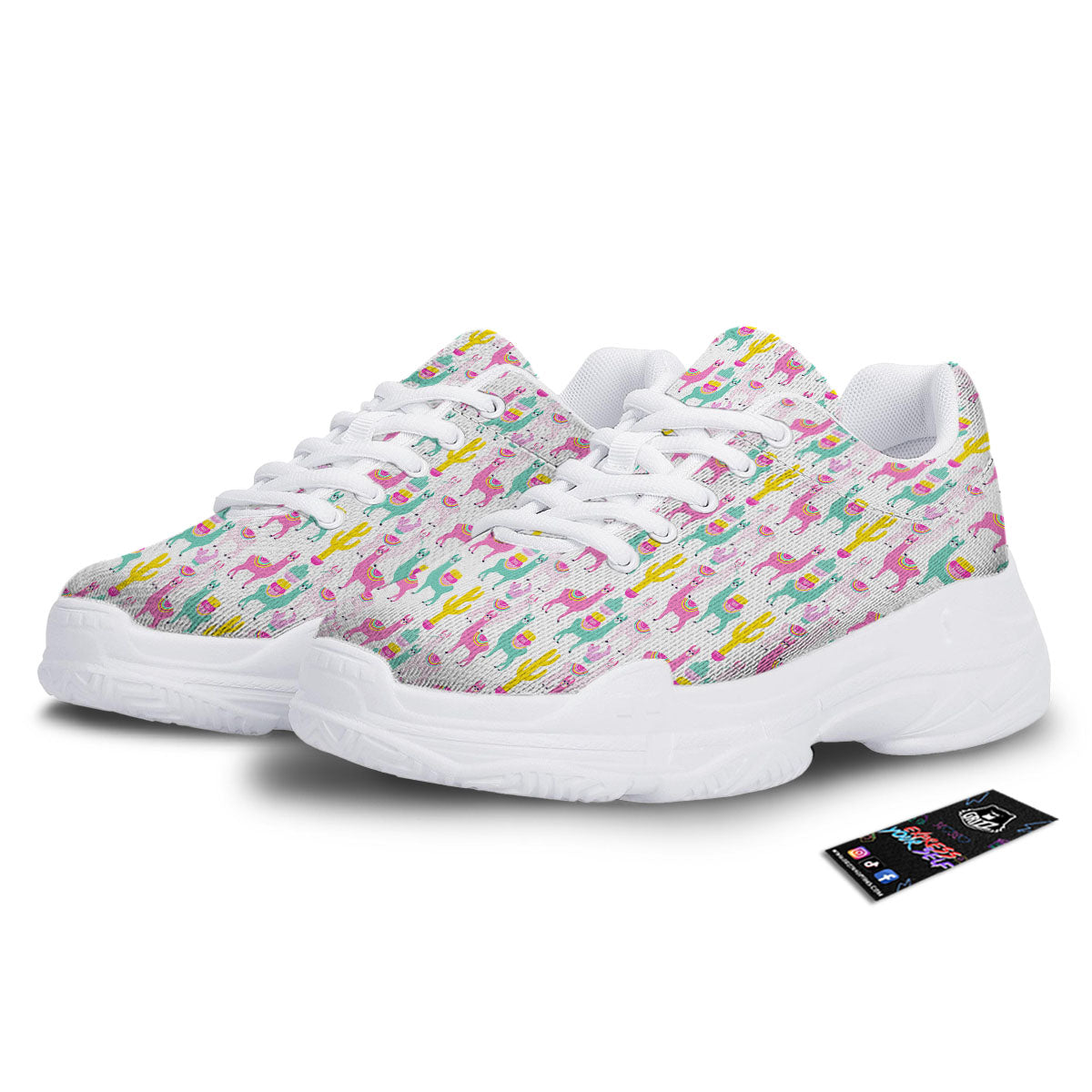 Llama And Cartoon Cactus Print Pattern White Chunky Shoes-grizzshop
