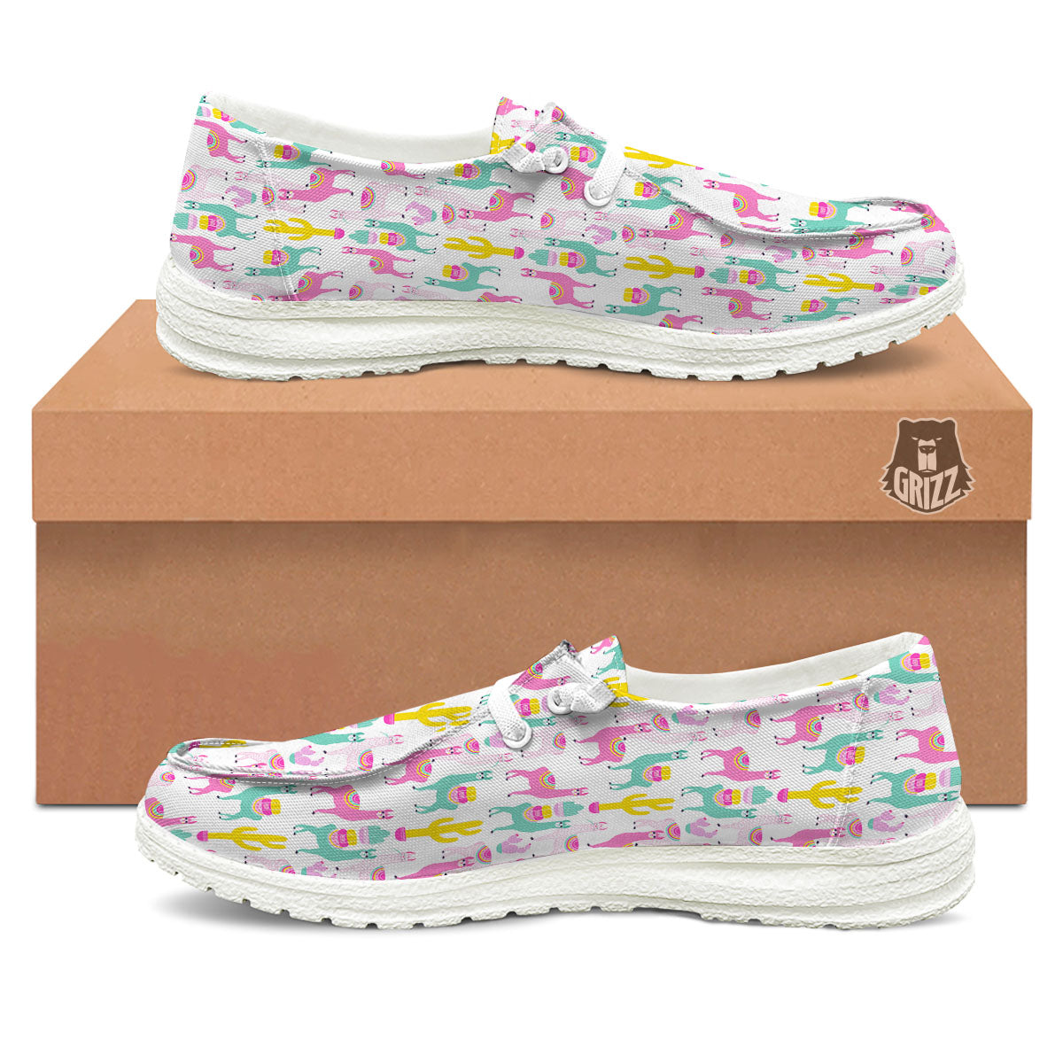 Llama And Cartoon Cactus Print Pattern White Loafers-grizzshop