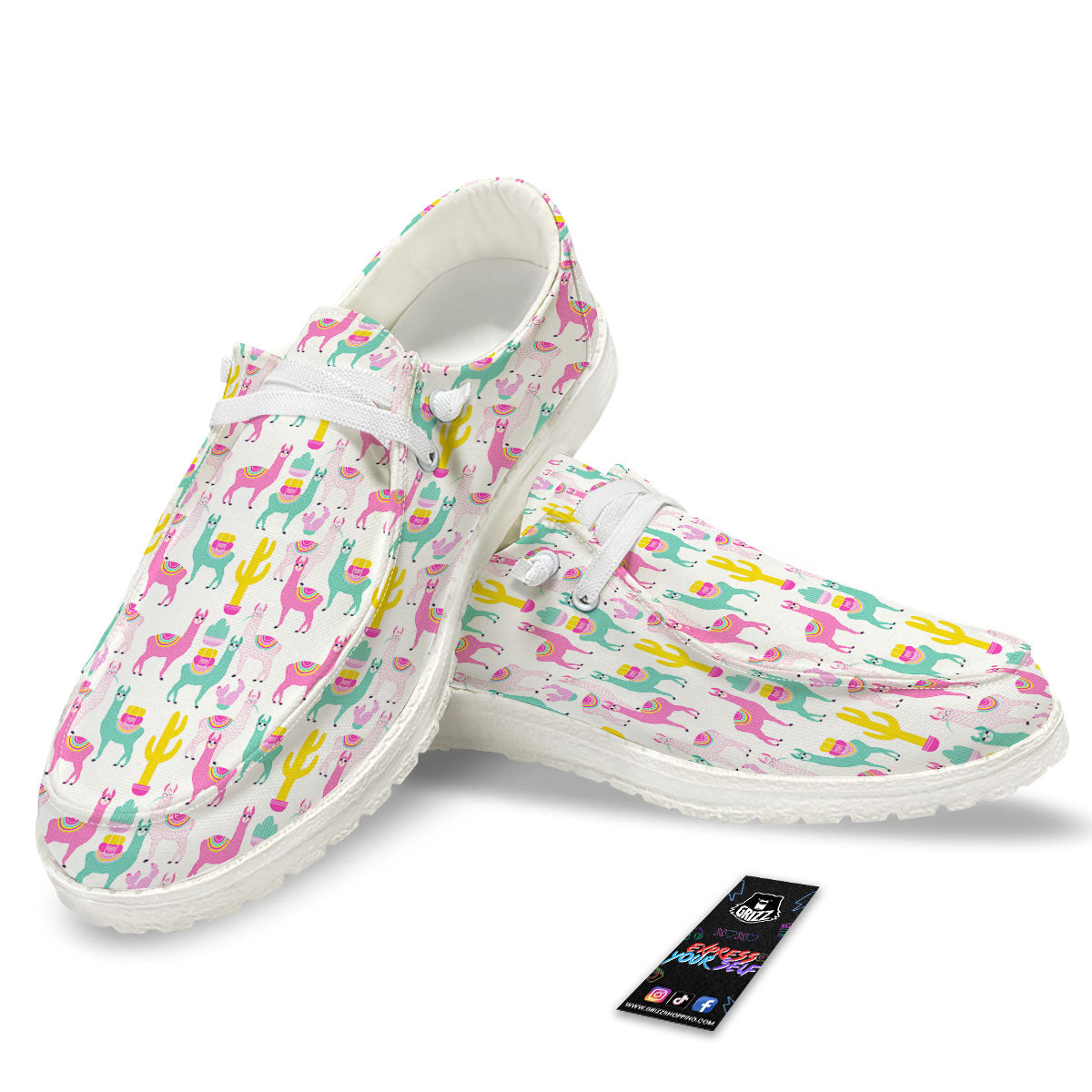 Llama And Cartoon Cactus Print Pattern White Loafers-grizzshop