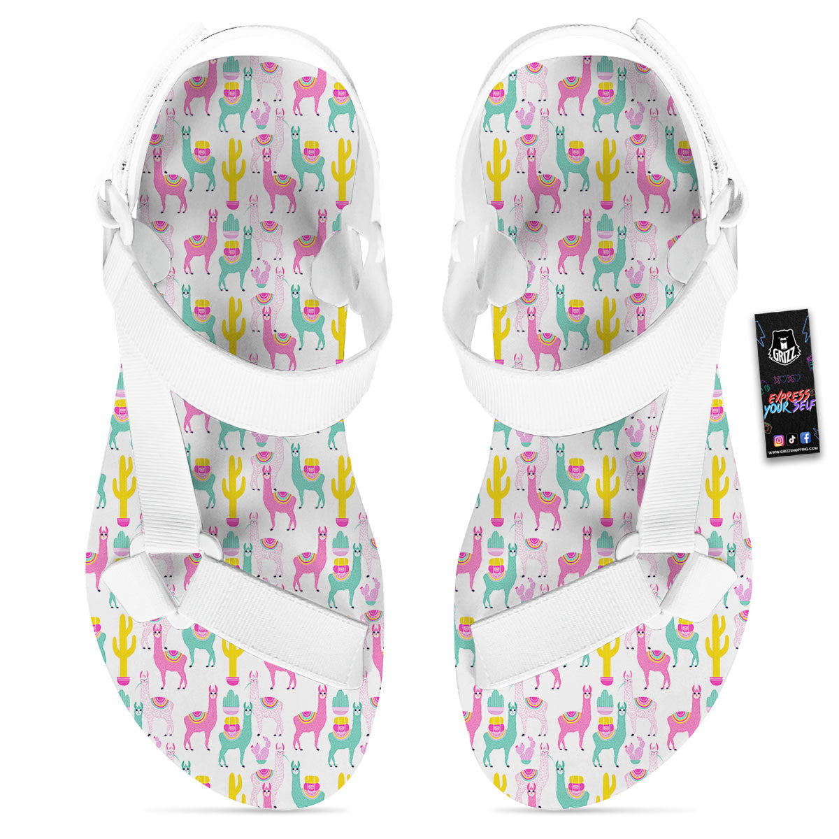 Llama And Cartoon Cactus Print Pattern White Open Toe Sandals-grizzshop