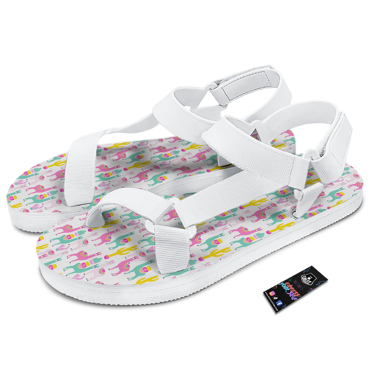 Llama And Cartoon Cactus Print Pattern White Open Toe Sandals-grizzshop
