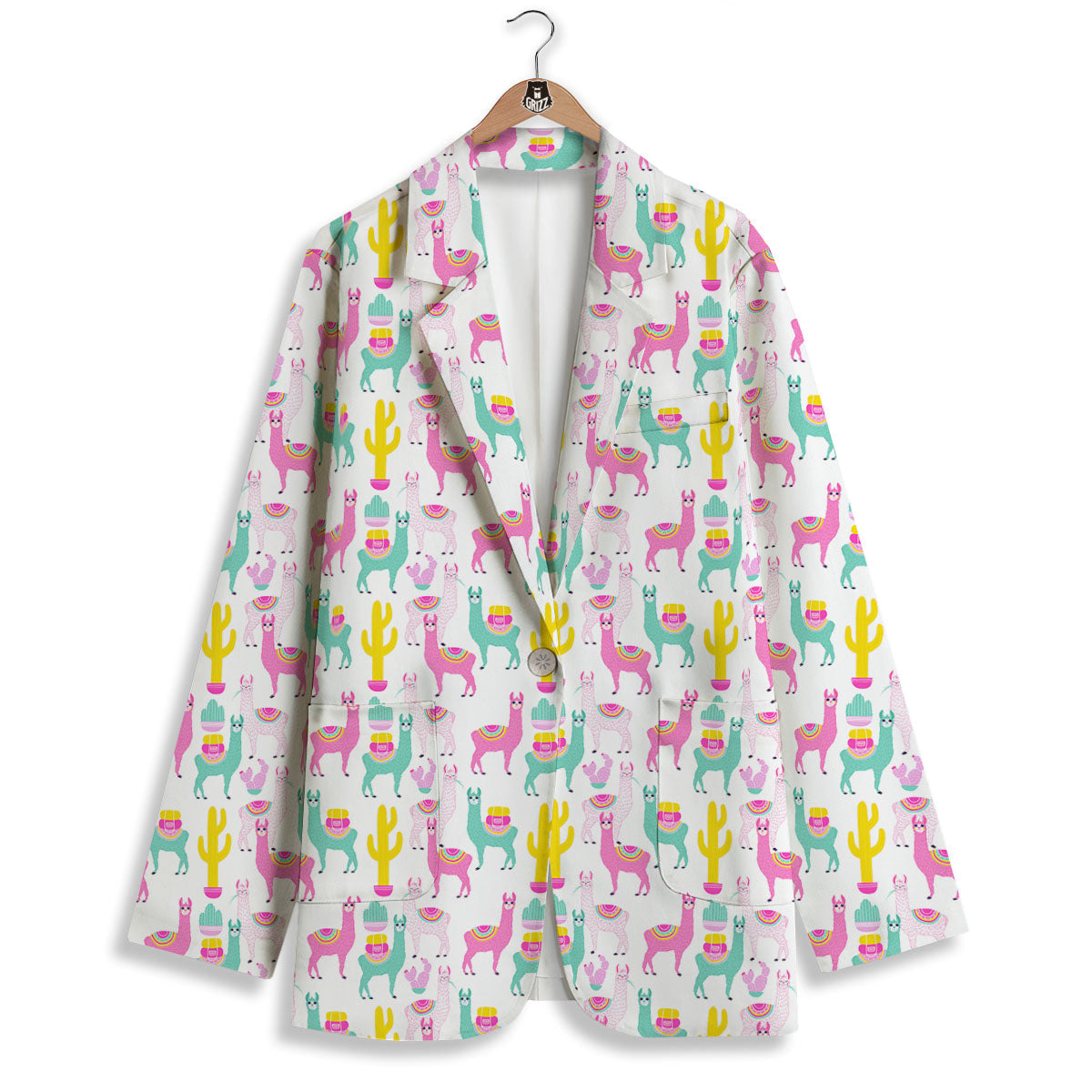 Llama And Cartoon Cactus Print Pattern Women's Blazer-grizzshop
