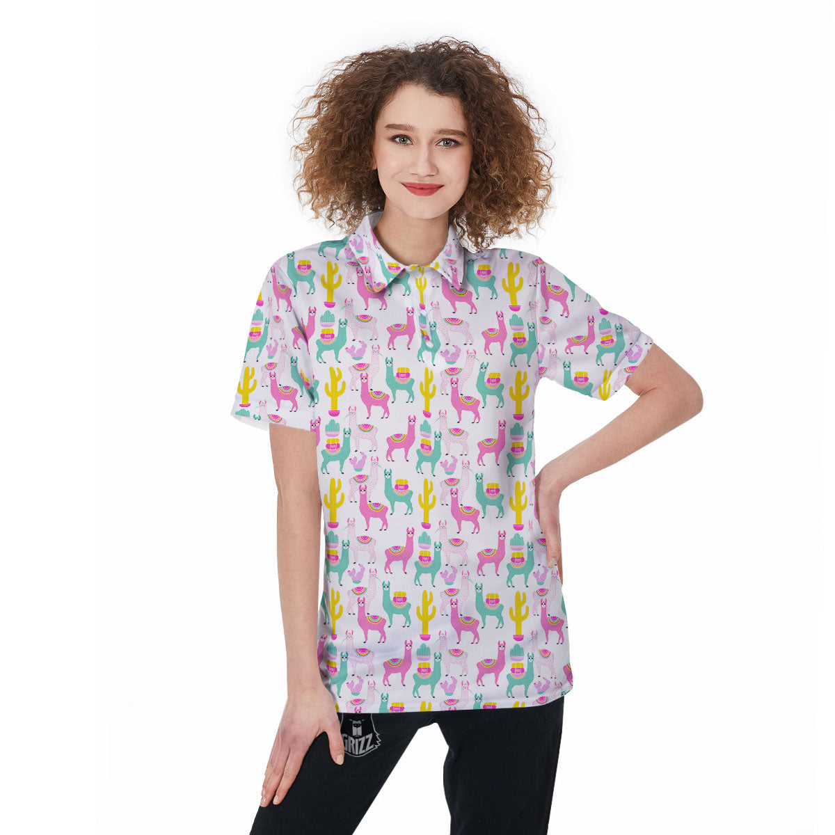Llama And Cartoon Cactus Print Pattern Women's Golf Shirts-grizzshop