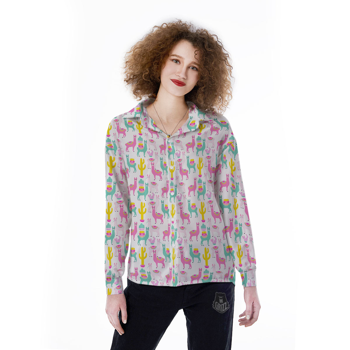 Llama And Cartoon Cactus Print Pattern Women's Long Sleeve Shirts-grizzshop
