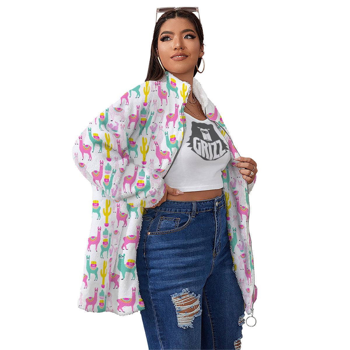 Llama And Cartoon Cactus Print Pattern Women's Sherpa Jacket-grizzshop