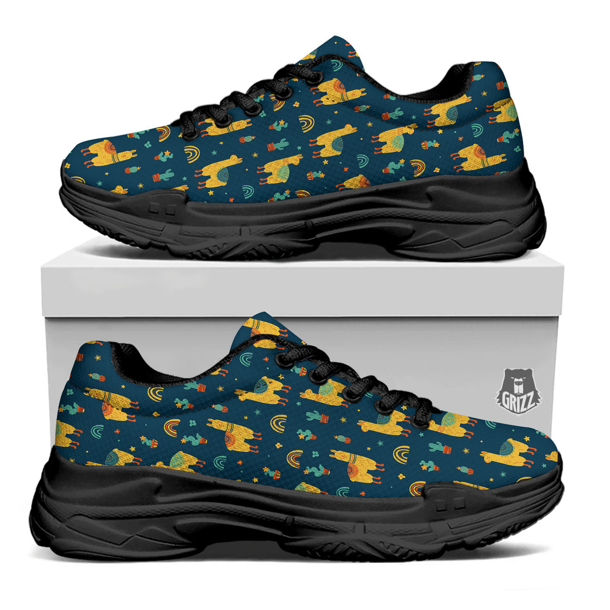 Llama And Cute Cactus Print Pattern Black Chunky Shoes-grizzshop