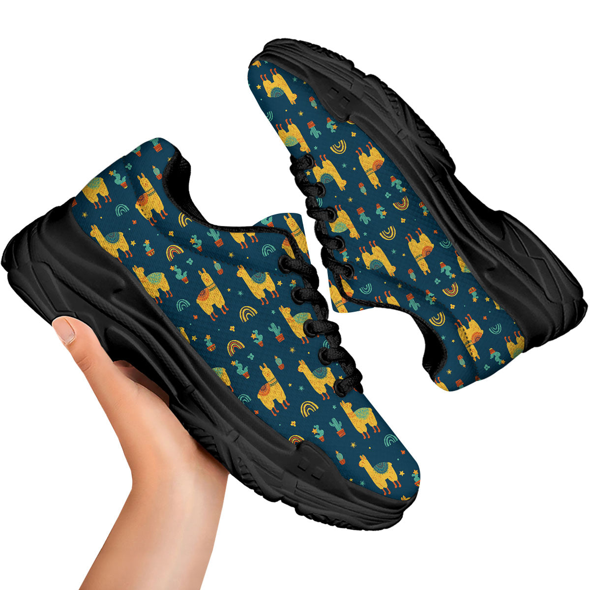 Llama And Cute Cactus Print Pattern Black Chunky Shoes-grizzshop