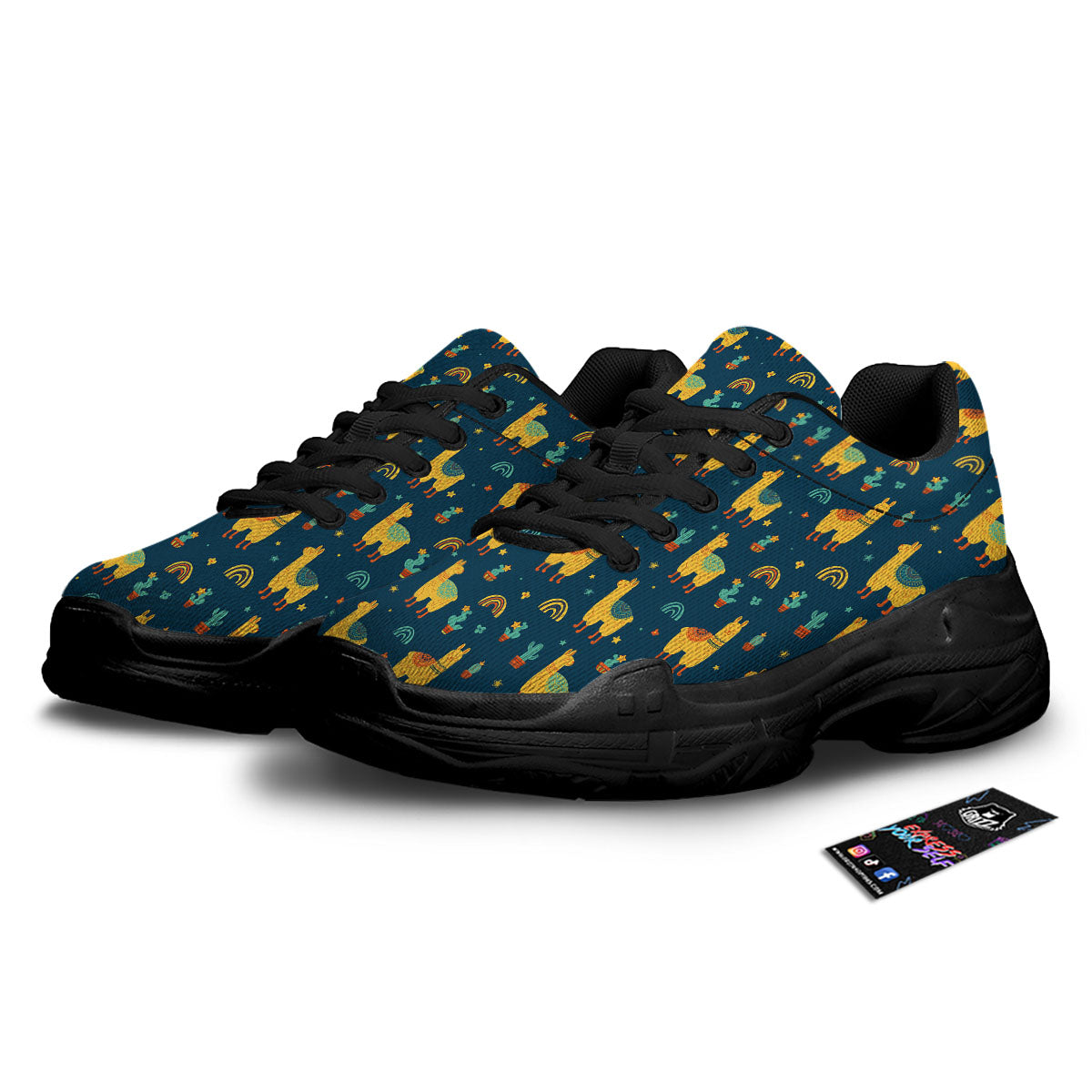 Llama And Cute Cactus Print Pattern Black Chunky Shoes-grizzshop