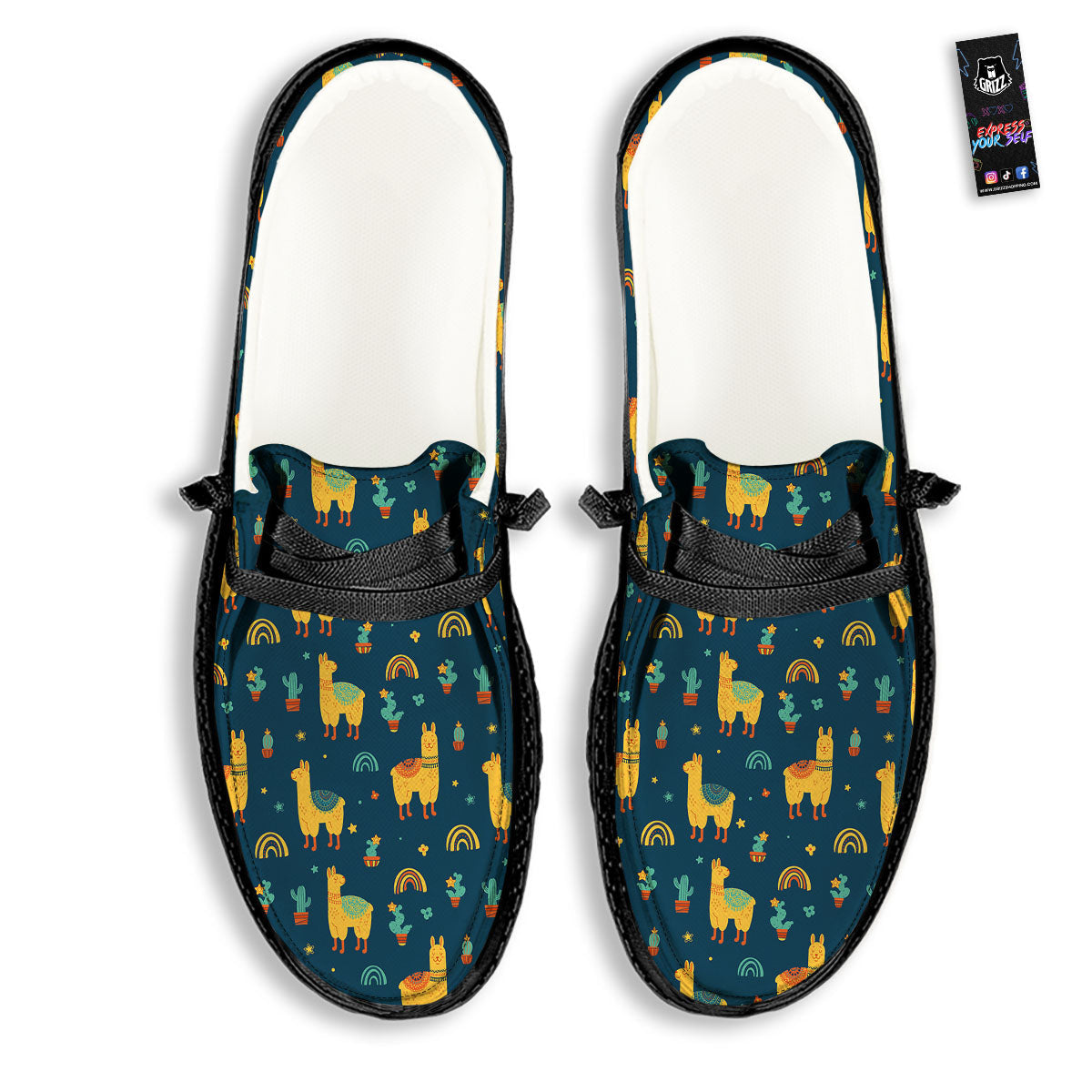 Llama And Cute Cactus Print Pattern Black Loafers-grizzshop