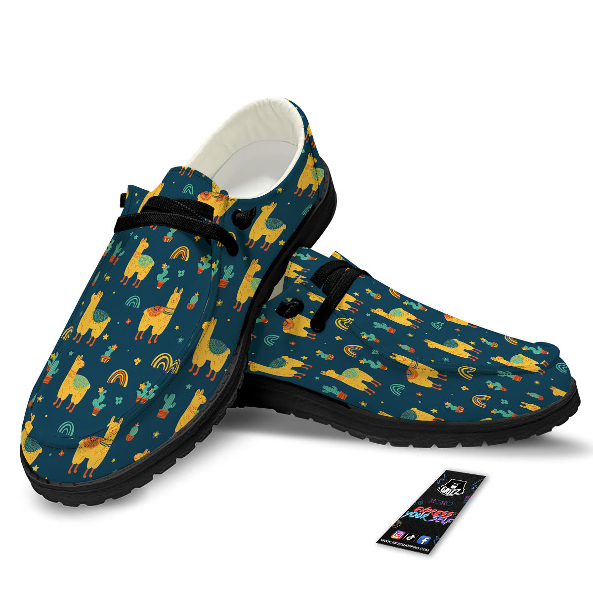 Llama And Cute Cactus Print Pattern Black Loafers-grizzshop