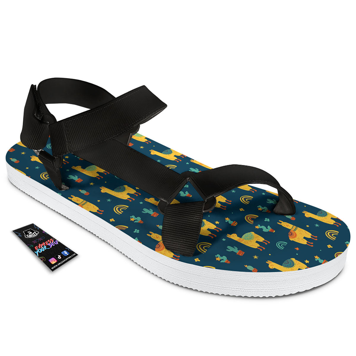 Llama And Cute Cactus Print Pattern Black Open Toe Sandals-grizzshop
