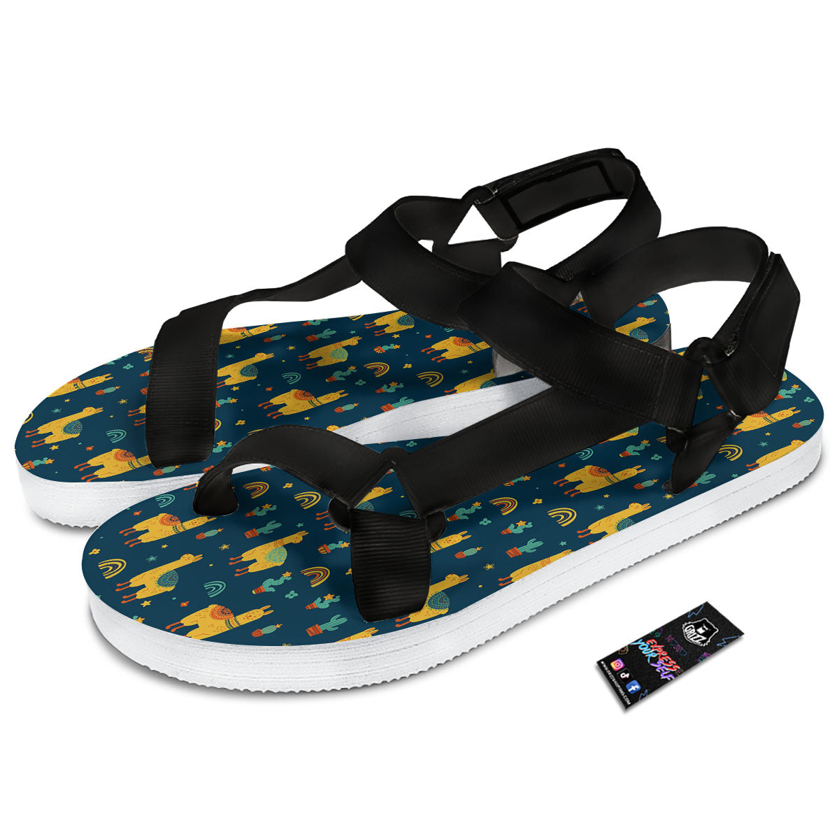 Llama And Cute Cactus Print Pattern Black Open Toe Sandals-grizzshop