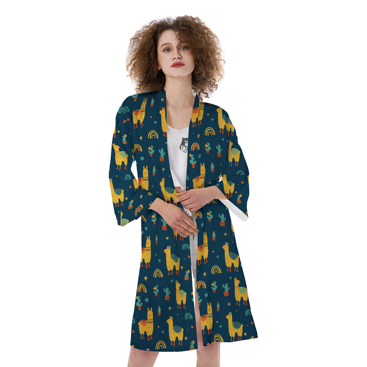 Llama And Cute Cactus Print Pattern Kimono-grizzshop