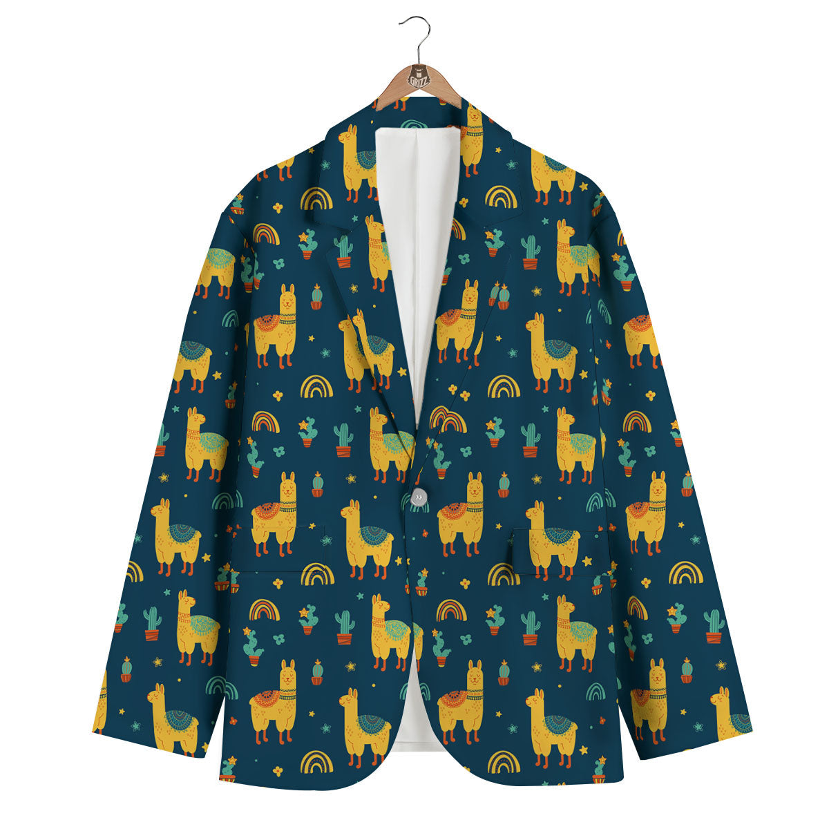 Llama And Cute Cactus Print Pattern Men's Blazer-grizzshop