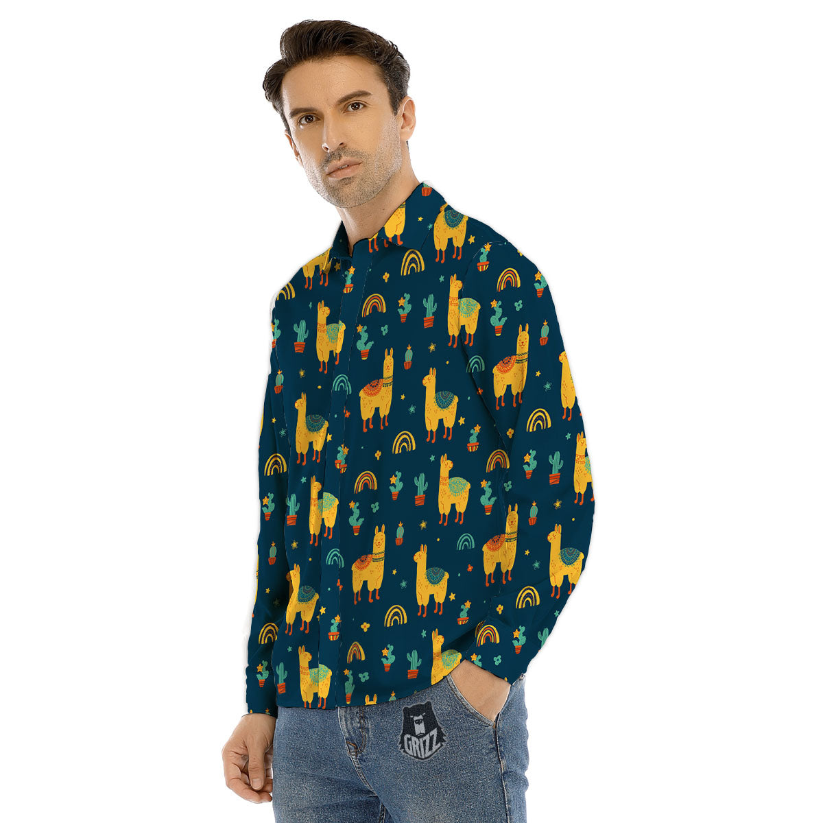 Llama And Cute Cactus Print Pattern Men's Dress Shirts-grizzshop