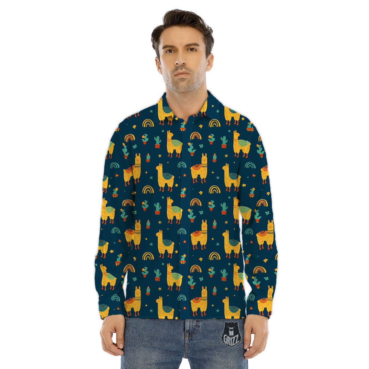 Llama And Cute Cactus Print Pattern Men's Dress Shirts-grizzshop
