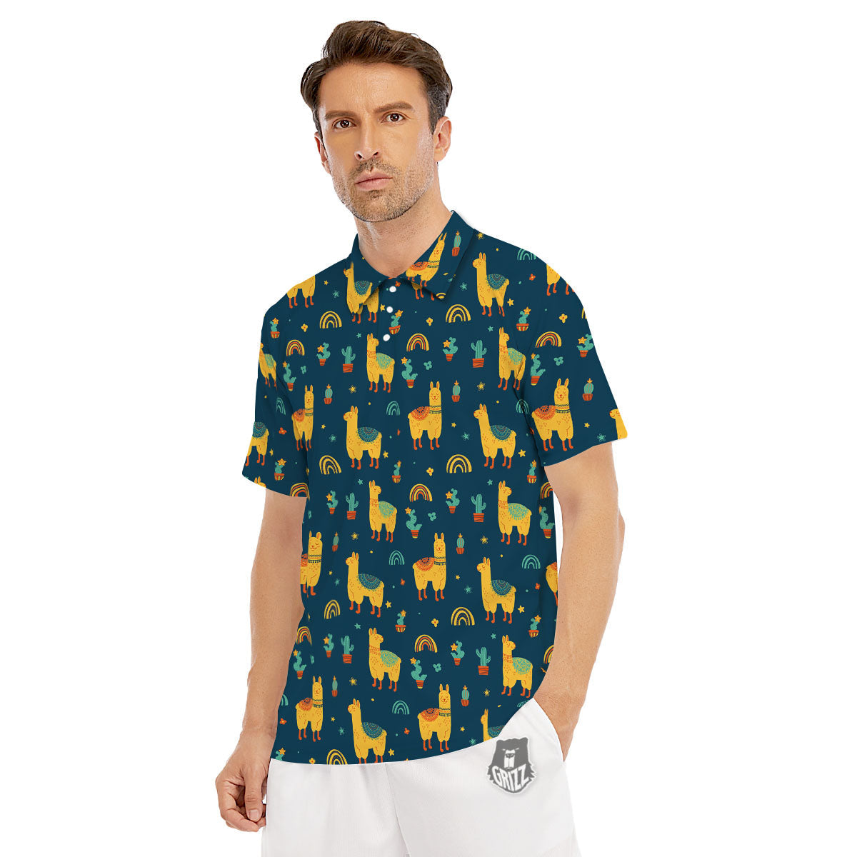 Llama And Cute Cactus Print Pattern Men's Golf Shirts-grizzshop