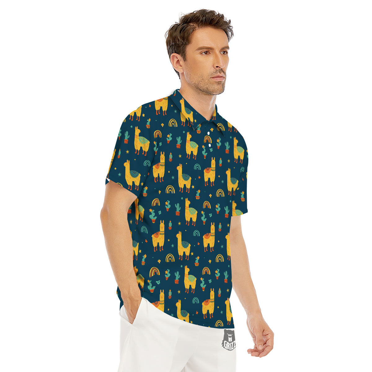 Llama And Cute Cactus Print Pattern Men's Golf Shirts-grizzshop