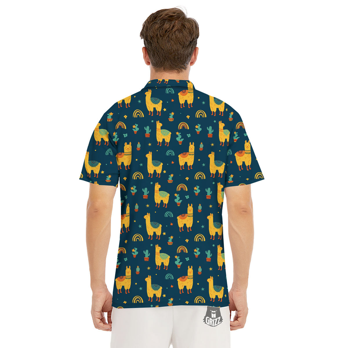Llama And Cute Cactus Print Pattern Men's Golf Shirts-grizzshop