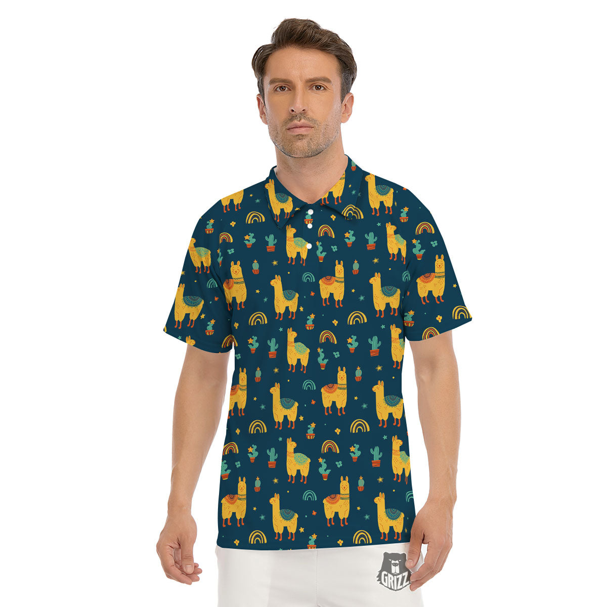Llama And Cute Cactus Print Pattern Men's Golf Shirts-grizzshop