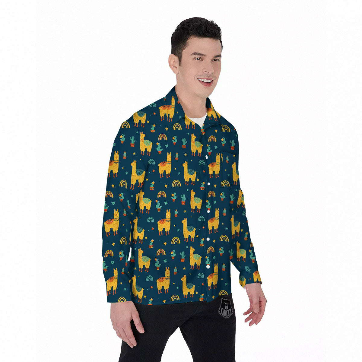Llama And Cute Cactus Print Pattern Men's Long Sleeve Shirts-grizzshop