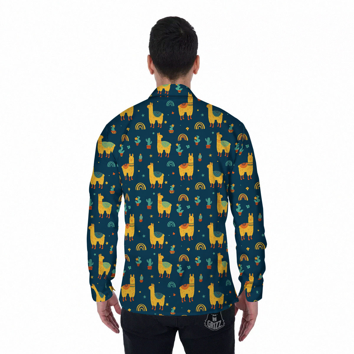 Llama And Cute Cactus Print Pattern Men's Long Sleeve Shirts-grizzshop