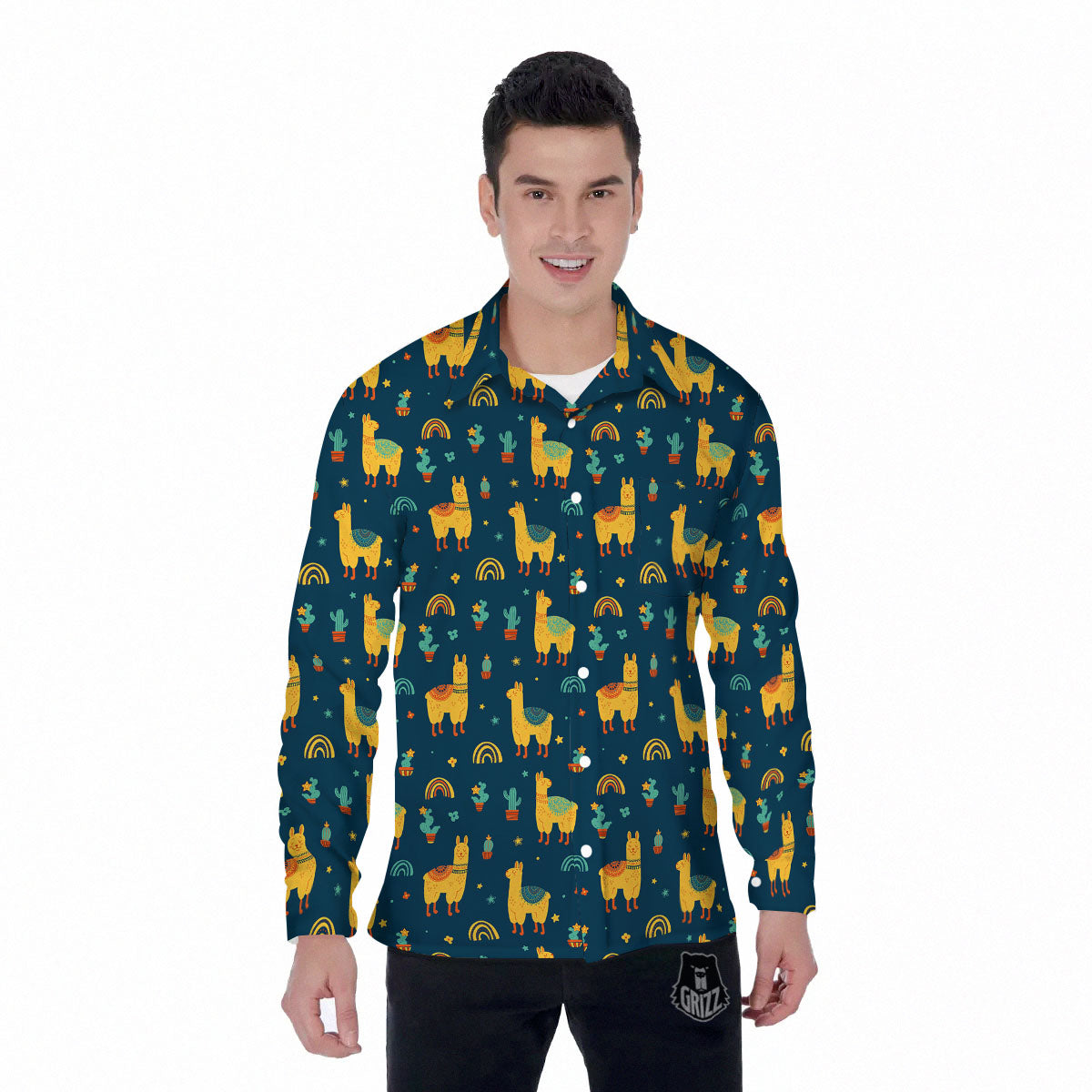 Llama And Cute Cactus Print Pattern Men's Long Sleeve Shirts-grizzshop