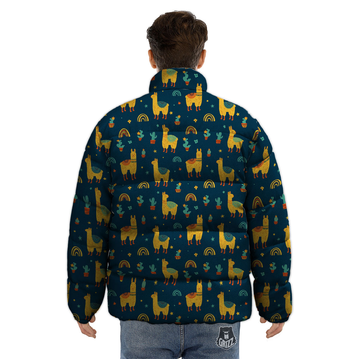 Llama And Cute Cactus Print Pattern Puffer Jacket-grizzshop
